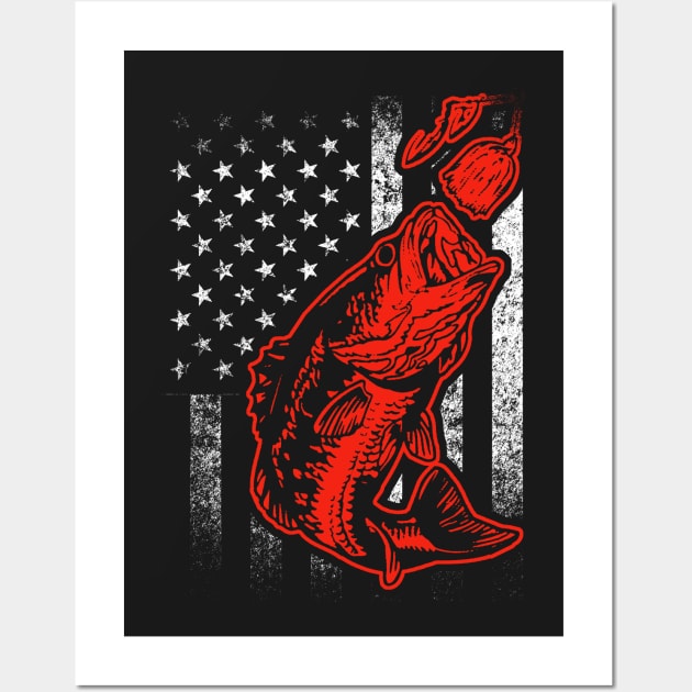 Bass Fishing Lure and American Flag T-shirt Wall Art by JerkyFellas